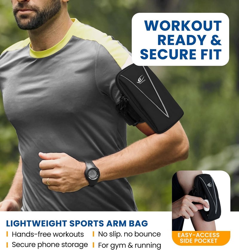 HiRui Cell Phone Holder Arm Bag & Wrist Bag for Phone, Sports Running Armband for Gym & Cycling, Compatible with iPhone 16/16Pro/Plus/15/14 Samsung Galaxy All Phones, Reflective & Adjustable (Black) - Image 2